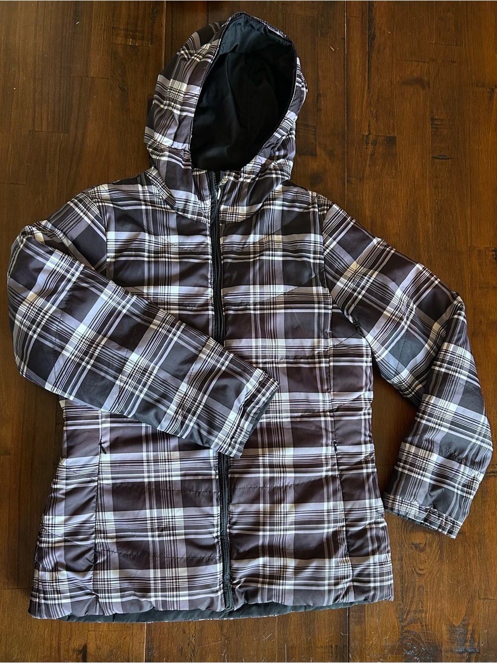 Plaid Hooded Puffer Jacket Coat Black White Grey Adult XS / Youth XL (16/18)